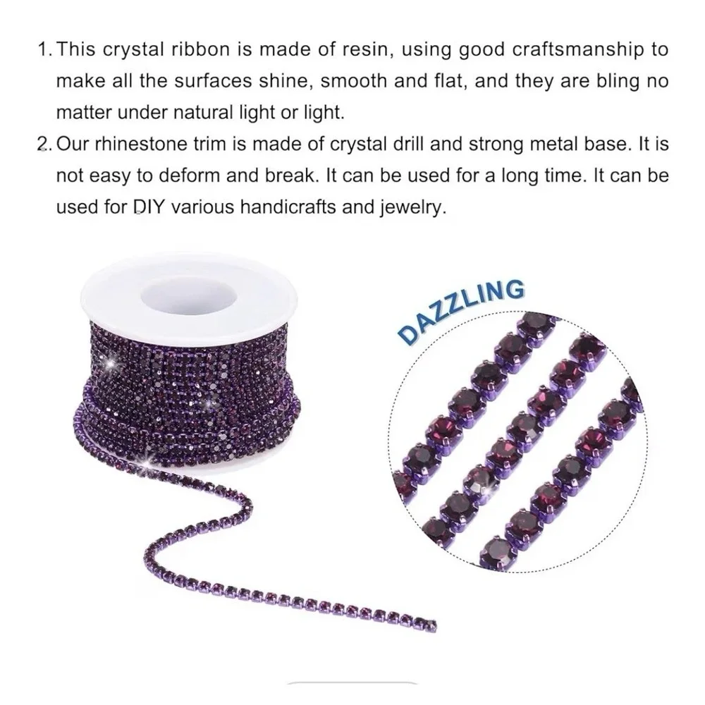 10 Yard 3mm Crystal Rhinestone Chain Trim Purple Gems Purple Base -[O]